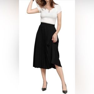NEW Chic Elastic High Waisted Black Pleated Shirring Midi-Long Skirt